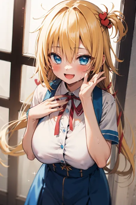 masterpiece, akai haato, hololive, 1girl, bangs, blonde hair, blue eyes, blush,(huge breasts), collared shirt, hair between eyes, hair ornament,heart, heart hair ornament, long hair, , neck ribbon, one side up, red ribbon, ribbon, shirt, short sleeves, sid...