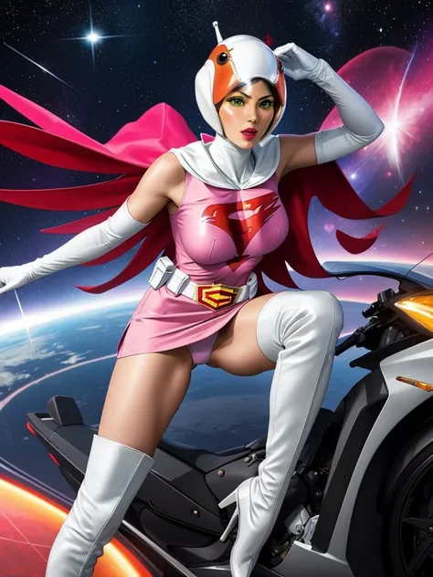 ANI_CLASSIC_jun_gatchaman_ownwaifu,1girl, 15yo,good anatomy, masterpiece, best quality,realistic, hyperrealistic, 16k hdr, long hair,breasts,green eyes,lips,large breasts,lipstick,makeup,gloves,cape,helmet,belt,elbow gloves,white gloves,mask,ultra miniskir...