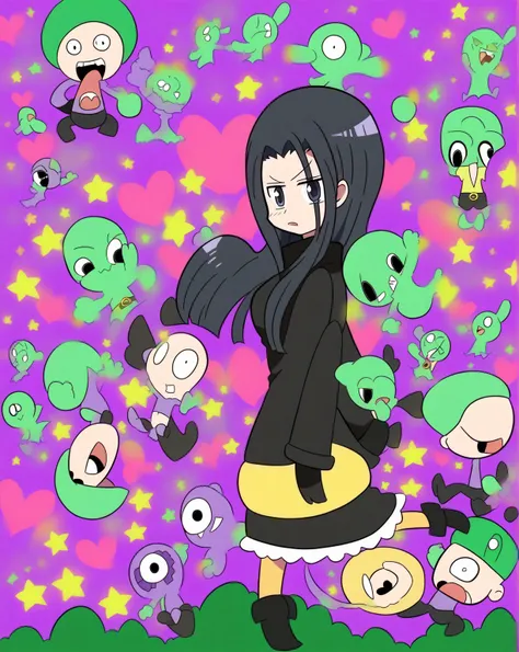 score_9, score_8_up, score_7_up, score_6_up, score_5_up, score_4_up, BREAK, source_anime, 1girl, nicoeh wearing  a black jacket, nico robin,
full body, looking at viewer, forest background , full body covered till legs, egghead outfit, complete black hairs...