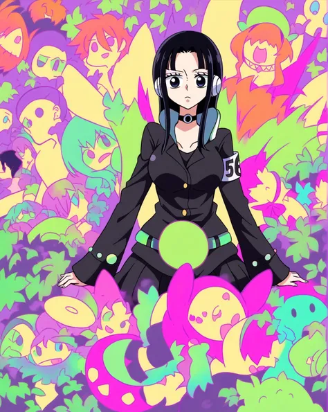 score_9, score_8_up, score_7_up, score_6_up, score_5_up, score_4_up, BREAK, source_anime, 1girl, nicoeh wearing  a black jacket, nico robin,
full body, looking at viewer, forest background , full body covered till legs, egghead outfit, complete black hairs...