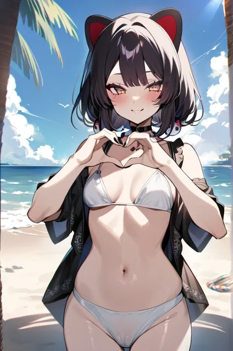 Masterpiece, best quality, nsfw ,1 girl,heart hands,beach,
White bikini, cute pose,smile,gothic
Official style, nijisanji,inui toko, 