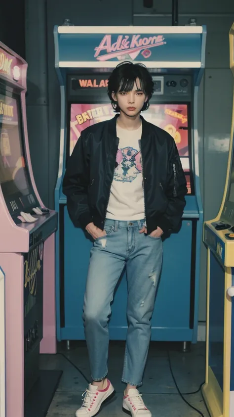 Design an illustration of a 1980s young men wearing acid wash jeans and a bomber jacket, (listening to a Walkman) in a neon-lit room with arcade machines. Detail face