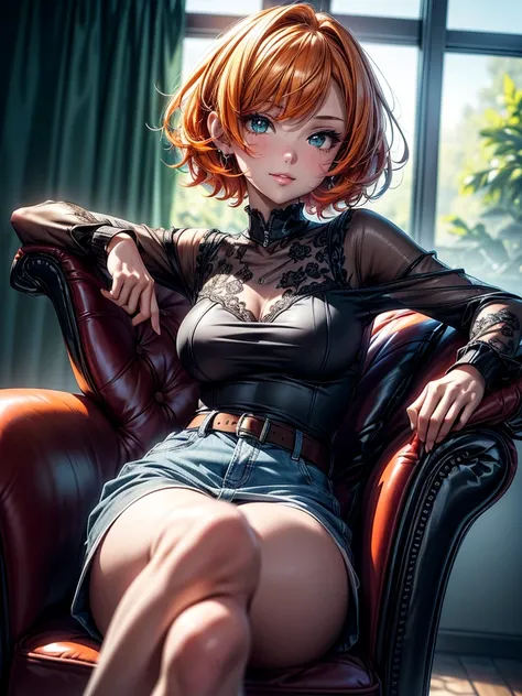 (masterpiece)(8k)(cute)(close-up) a 18-year old girl, sitting on chair, leg hanging over armchair, lewd, upskirt, (pubic hair:1.2), orange hair, short hair, wild hair, lime green pupils, seductive smile, (glossy lips:1.1), shiny lips, eyeshadow, semen, ros...