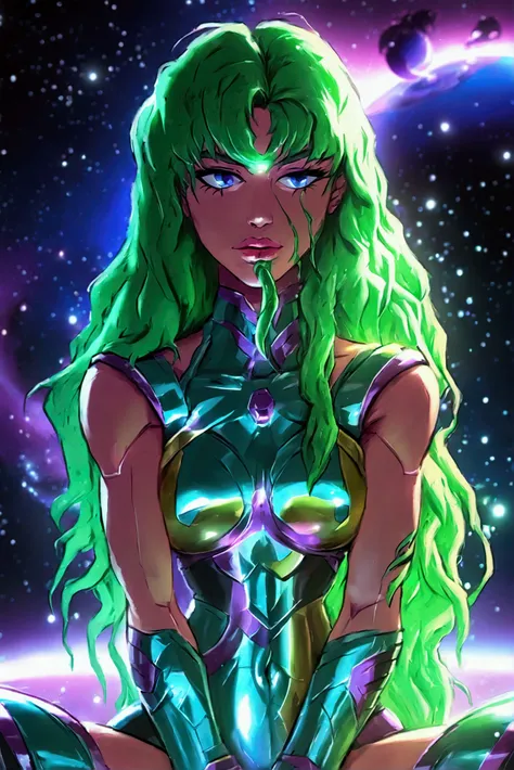 a woman with green hair, girl of the zodiac knights, portrait girl of the zodiac knights, girl in space, queen of the galaxy, go...