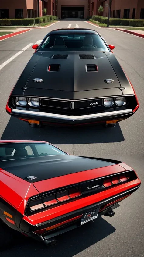 1980s dodge challenger,  black paint job with red accents.