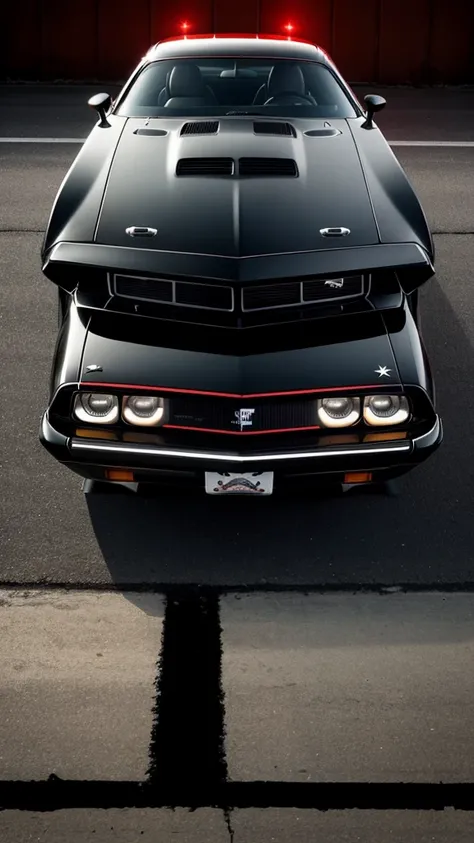 1980s dodge challenger,  black paint job with red accents.