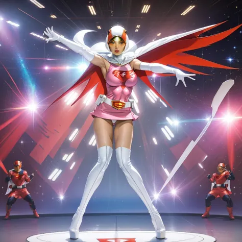 ANI_CLASSIC_jun_gatchaman_ownwaifu,1girl, 15yo,good anatomy, masterpiece, best quality,realistic, hyper realistic, 16k hdr, long hair,breasts,lips,large breasts,lipstick,makeup,gloves,cape,helmet,belt,elbow gloves,white gloves,mask,ultra miniskirt,leotard,...