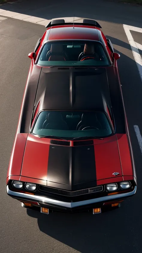 1980s dodge challenger,  black paint job with red accents.