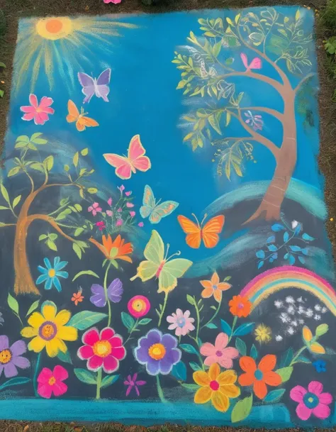 (made of chalk Ch4lk4rt:1.3), A colorful chalk drawing of a vibrant garden filled with flowers, trees, birds and butterflies. The background has a clear blue sky.