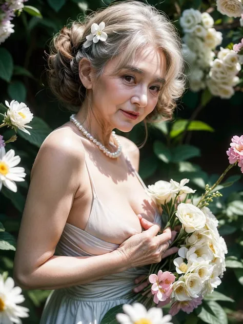 Beautiful elderly woman, cute,sexy,80 years old,,sexy,Wear a pearl necklace, Flowers in her hair, hair bunches, holding a little bunch of white flowers in her hand, posing with flowers, old woman, Ultra big Big saggy soft:1.4, Breasts, Curly Hair, big nipp...