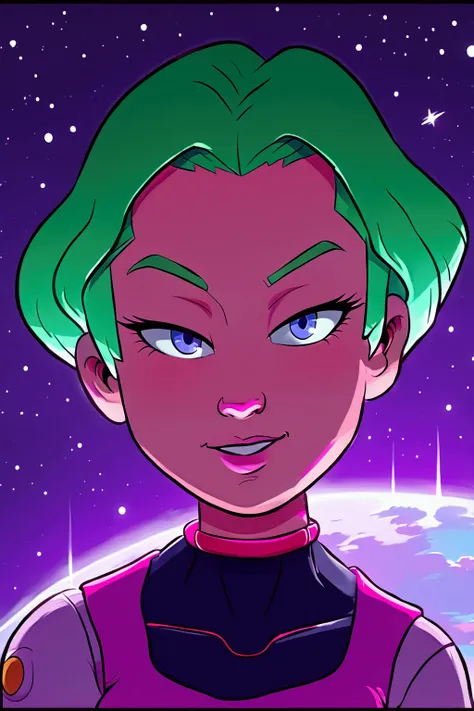 ::web comic:: a close up of a cartoon woman with green hair, girl of the zodiac knights, portrait girl of the zodiac knights, portrait anime space cadet girl, girl in space, queen of the galaxy, goddess of the galaxies, cosmic girl, saiyan girl, molly spac...