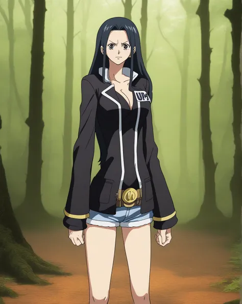 score_9, score_8_up, score_7_up, score_6_up, score_5_up, score_4_up, BREAK, source_anime, 1girl, nicoeh wearing  a black jacket, nico robin,
full body, looking at viewer, forest background , full body covered till legs, egghead outfit, complete black hairs...