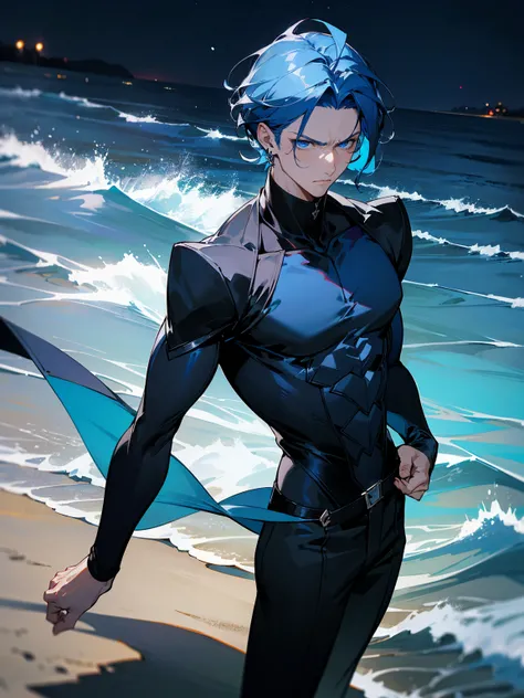 1male, dark blue hair, vergil hair, medium length hair,  light blue eyes, blue Yukata, black turtle neck shirt, earrings, serious, beach, night time, waves in background