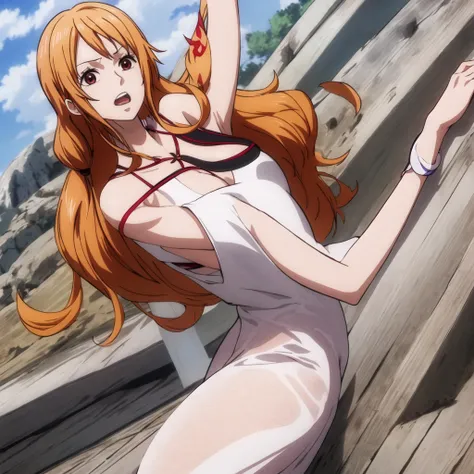 4k,hd,8k,cg,anime chisato,nami,solo, long white hair with bangs, slanted red eyes, a ninja woman