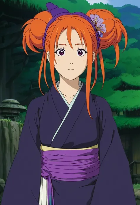 A Ghiblis studio character (2D). She have long orange and purple hair are tied but look messy. She wears dark oiran clothes . she seems cold