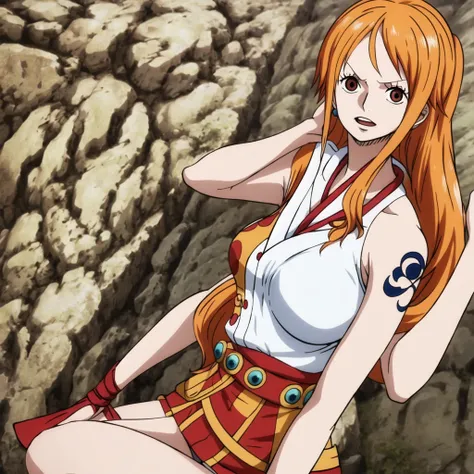 nami one piece,  long white hair with bangs, slanted red eyes, a ninja woman