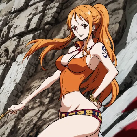 nami one piece,  long white hair with bangs, slanted red eyes, a ninja woman