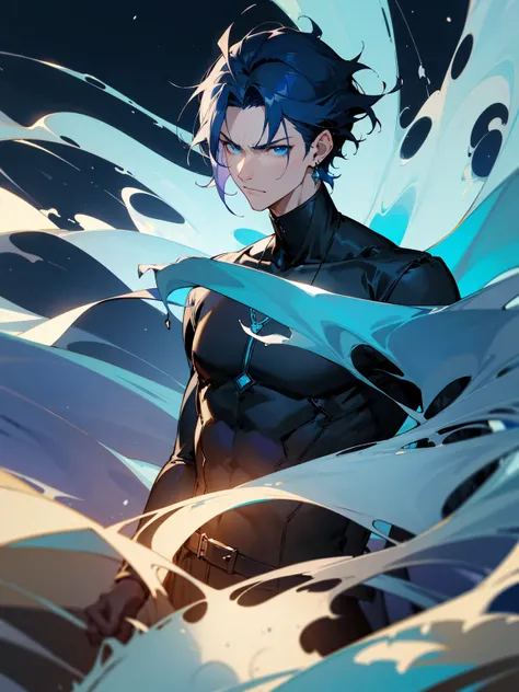 1male, dark blue hair, vergil hair, medium length hair,  light blue eyes, blue Yukata, black turtle neck shirt, earrings, serious, beach, night time, waves in background