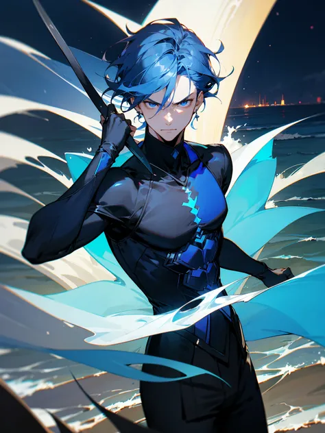 1male, dark blue hair, vergil hair, medium length hair,  light blue eyes, blue Yukata, black turtle neck shirt, earrings, serious, beach, night time, waves in background