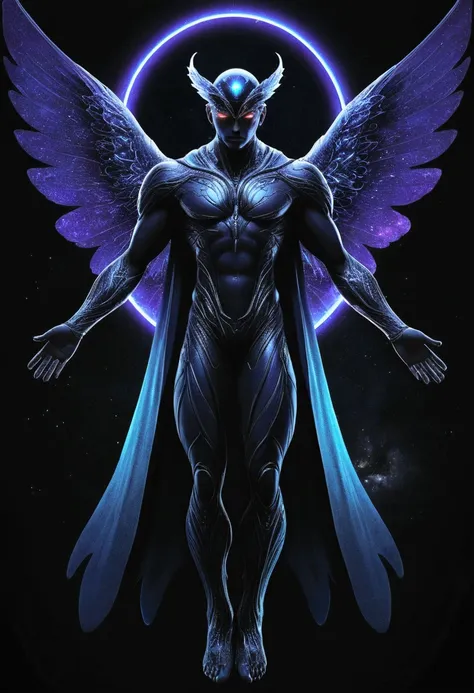 Fantasy style, Creatures made of dark matter，Continuous transformation and regeneration. His morphology is the same as that of a normal male human.. but, There is a floating halo above the head. also, On your back, He has a pair of floating wings that are ...