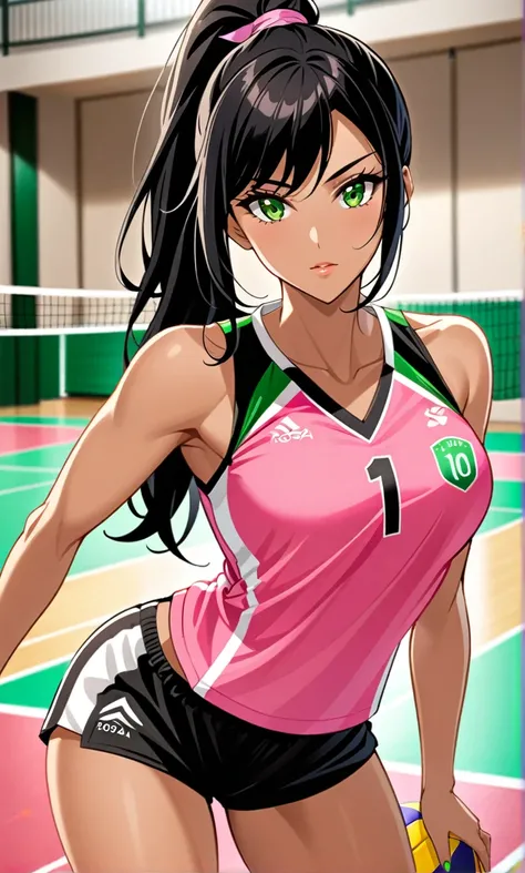 Woman, Athletic and toned body, light skin tone, long black hair tied in a ponytail, green eyes with a penetrating and seductive look, breasts big, exciting look, pink volleyball uniform, black top with neckline, shorts rosa curto, Attractive posing, at th...