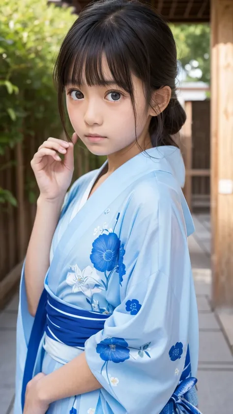 11 year old girl　Japanese　Light blue yukata　Realistic Skin　Bigeyes