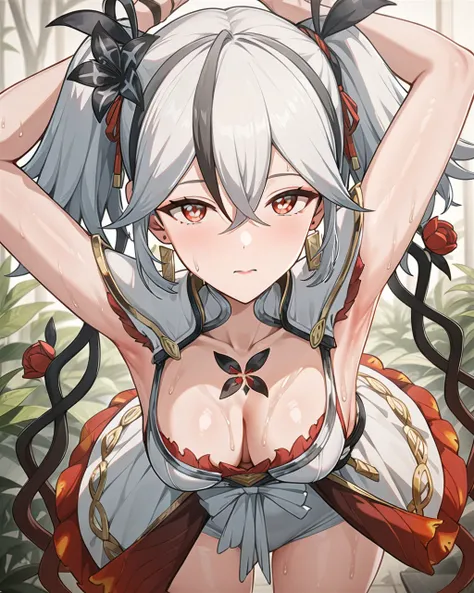 masterpiece,best quality,cowboy shot,
chun2,chun,1girl,solo,red eyes,whitehair,twintails,hair between eyes,earrings,bangs,hair ornament,flower,mole,jewelry,shoulder armor,ribbon, cleavage, bent over looking at viewer, arms raised showing armpit, sweaty, ba...