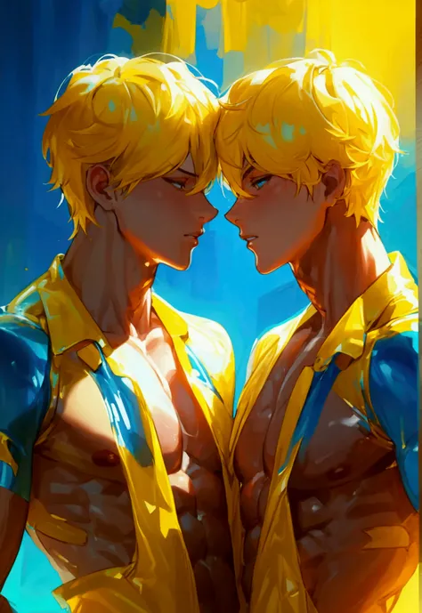 2 gay males with 8 packs in yellow and blue latex rubbing their cocks together