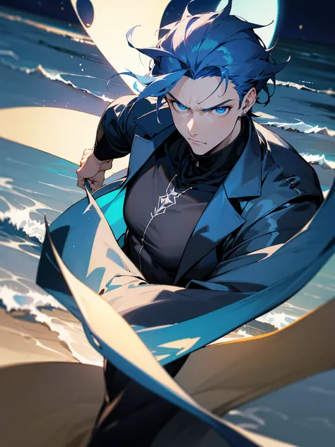 1male, dark blue hair, vergil hair, medium length hair,  light blue eyes, blue Yukata, black turtle neck shirt, earrings, serious, beach, night time, 