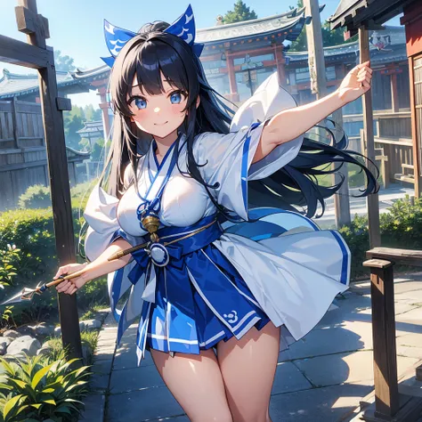 Highest quality、hyper quality, highly detailed, (((gripping Spear))), The best smile、(((Blue and white shrine maiden costume))), (((青いmicro mini skirt))), Black hair straight、long hair、I dont wear anything on my feet、Blue Big Ribbon、Large slit eyes、Straigh...