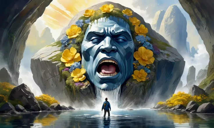 A man wearing a blue jacket, walking into a Giant gray rock Titan with opening mouth,  rock gray-gold giant bust, with wide mouth open resting in the center of a water mirror, the rocks and gold giant head has moss and flowers. thick wavy Brush strokes, Di...