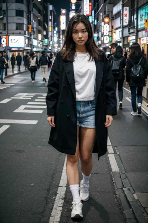 can you make her walking to the streets of Tokyo