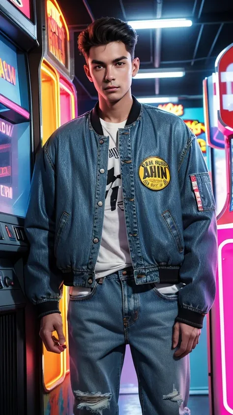 Design an illustration of a 1980s man wearing acid wash jeans and a bomber jacket, (listening to a Walkman) in a neon-lit room with an arcade machine. Facial details
