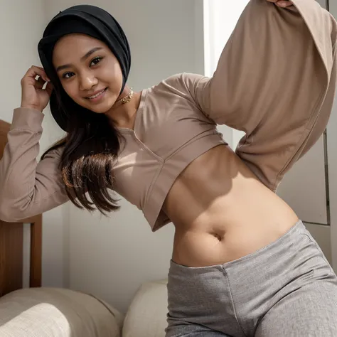 Nude 24 year old teenage malay woman with hijab,wearing midriff shirt long sleeve,tight pants,closed mouth,smiling