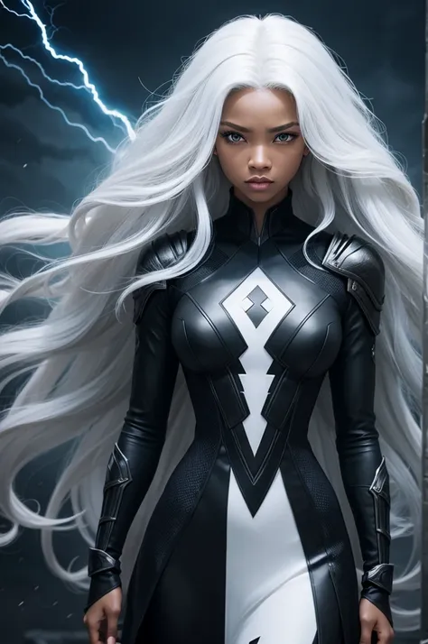 woman character, black, with storm powers, long curly white hair. 