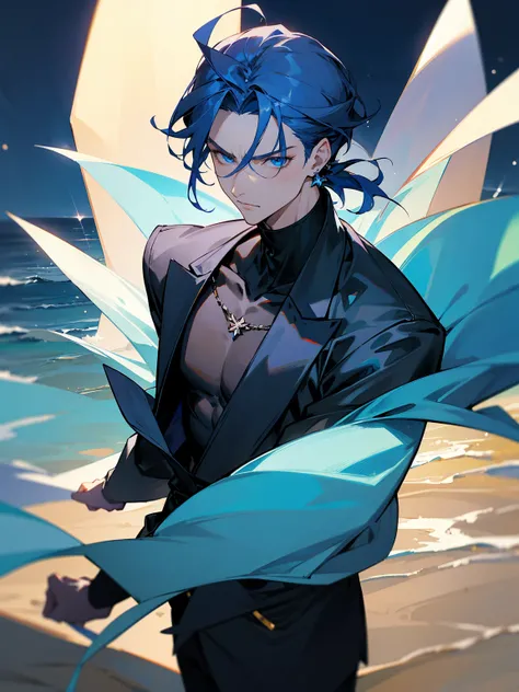 1male, dark blue hair, vergil hair, medium length hair,  light blue eyes, blue Yukata, black turtle neck shirt, earrings, serious, beach, night time, 