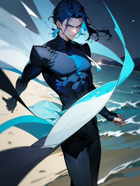 1male, dark blue hair, vergil hair, medium length hair,  light blue eyes, blue Yukata, black turtle neck shirt, earrings, serious, beach, night time, 