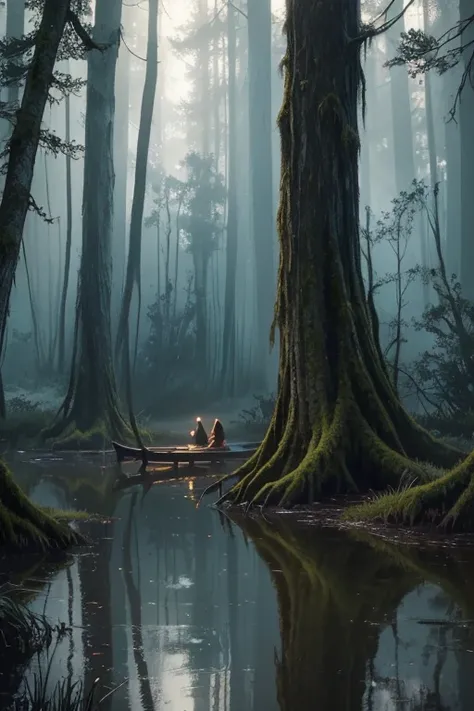 A serene swamp at dusk, (1girl:1.2) sleeping peacefully amidst the calm waters, surrounded by gnarled cypress trees draped in spanish moss, fireflies glowing softly in the air, (cinematic,dramatic lighting,muted colors,moody,atmospheric:1.2), (detailed env...