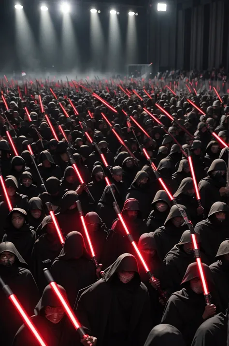 An army of people wearing black clothes with red lightsabers