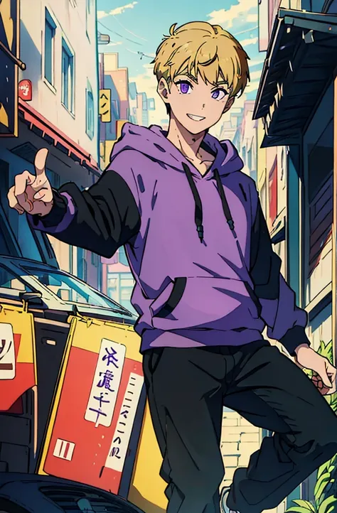 8k, original, (((1boy, solo))), teenager, illustration, mix, (single object), hd, absurdres, lora ((mappa studio style)), anime style, 2d, celshade style, digital art, (short hair), (((undercut hairstyle))), side-trimmed hair, (blonde hair), ((dark purple ...