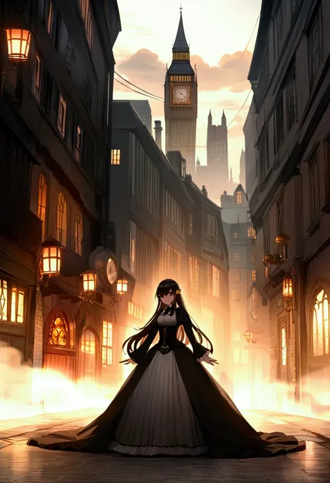 
Amidst the hustle and bustle of a London filled with magnificent Victorian architecture mixed with steampunk-style advanced technology, stands an anime girl dressed in gothic attire. Her outfit consists of a long dress with an elaborate corset, adorned wi...