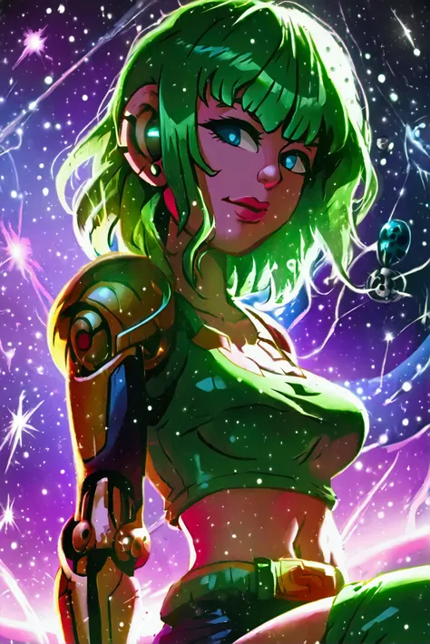 ::web comic:: a full-length close-up of a cartoon woman with green hair,big boobies , girl of the zodiac knights, portrait girl ...