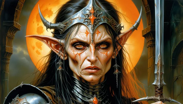 Highly detailed, UHD, 32k, medieval fantasy,heavy metal magazine cover, oil on canvas, luis royo style. An elderly female elf heroin wounded, agonizing face, she is clad in an armor made out of a blackish metal with an orange glint, and she is holding a sp...