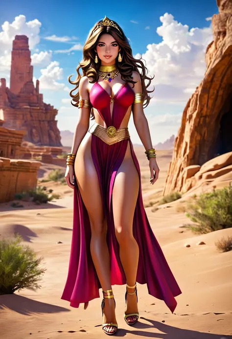 Arafed digital painting of a desert princess BREAK and her epic pet cougar in her palace high details, best quality, 16k, f a female human princess and her pet cougar, princess of the desert, full body, ((anatomically correct: 1.5)) ((standing: 1.5)) proud...