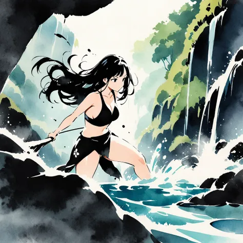 Top quality, masterpiece, watercolor style, Crystal-clear waters,Sumi-e style,solo Cool woman, black long hair,black eyes,Japanese loincloth style swimsuit, being hit by a waterfall in the river, heavy water spray, beautiful natural environment