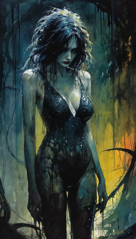 sexy monster, dark scene, sadness (art inspired by Bill Sienkiewicz, intricate details, oil painted )
