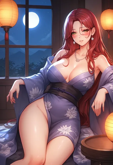 score_9, score_8_up, score_7_up, score_6_up, score_5_up, score_4_up, yu hee, golden eyes, red hair, long hair, thigh, lie, golden eyes, no underwear, beautiful sleeve, purple lotus yukata dress, silver lotus necklace, beautiful eyes, blush , traditional Ch...