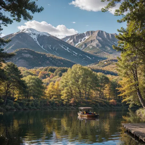 "Create a high-resolution, professional-quality image of a serene mountain lake surrounded by a lush forest during autumn. The scene should depict a calm, clear lake reflecting the vibrant colors of the fall foliage—reds, oranges, and yellows—on the surrou...