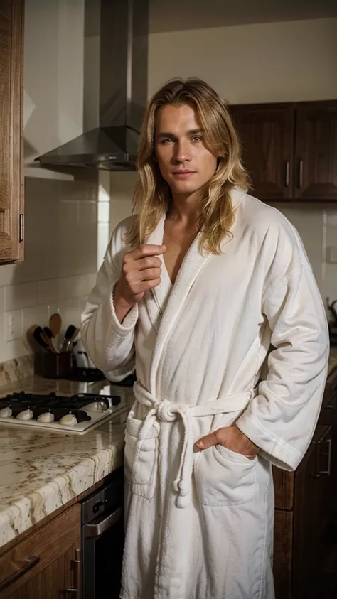 man surfer eating on the kitchen, blond hair, brown eyes, wearing home bathrobe, smirk, dark romantic atmosphere, the kitchen in the background