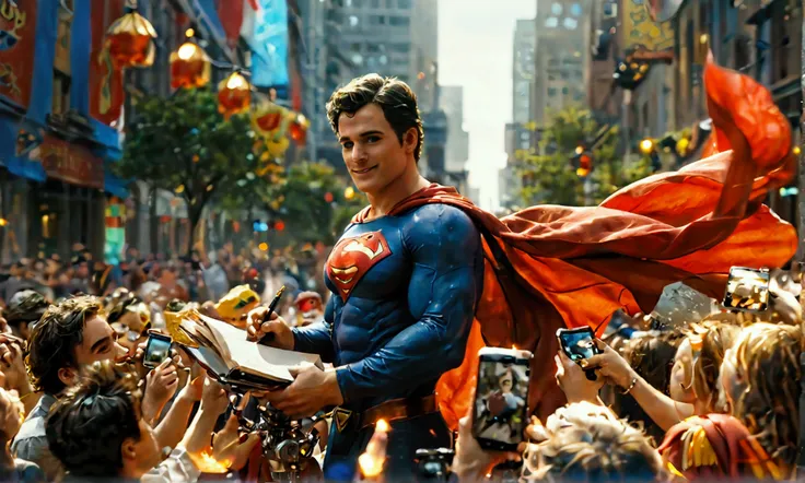 imagine a scene where tom welling, dressed as superman, is standing on a busy city street. the sun is shining brightly, casting ...